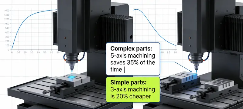 3axis-5axis-cnc-cost-comparison.jpg Technical diagram comparing cost structures and efficiency between 3 axis and 5 axis CNC machining for different part complexities