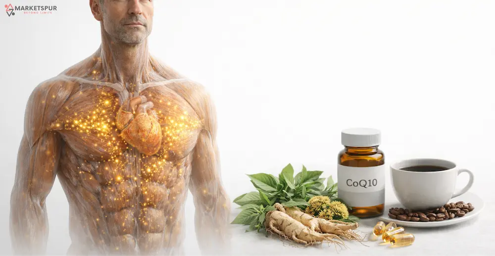 Muscular figure with supplements and coffee.