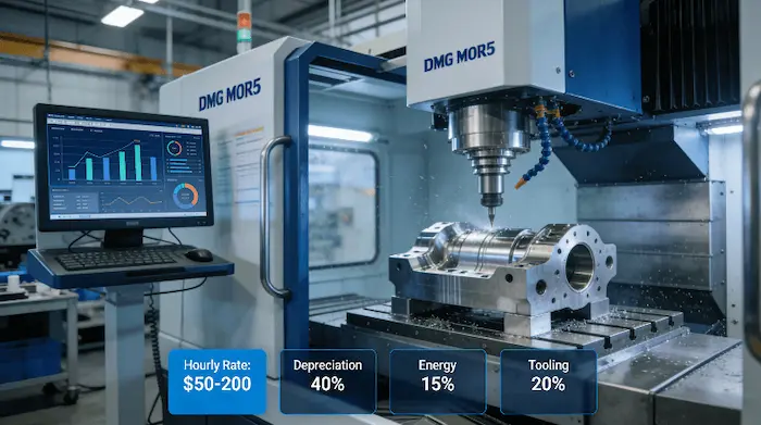 CNC machining center operating in industrial facility with real time cost analysis dashboard showing hourly rate composition between $50 200